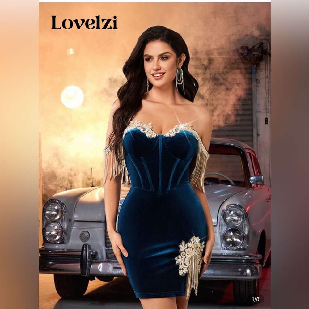 Elegant Blue Velvet Dress with Gold Accents